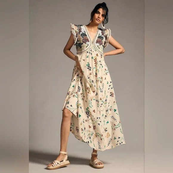 Anthropologie Floral Beige Maxi Dress/used - Picture 1 of 12